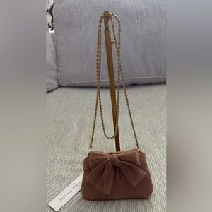 Loeffler Randall Rochelle Mini Pleated Bow Clutch Beauty Pink NWT Gold Chain